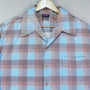 VTG 70s Joel California Disco Shirt Mens Large Long Sleeve Grid Plaid Poly Retro